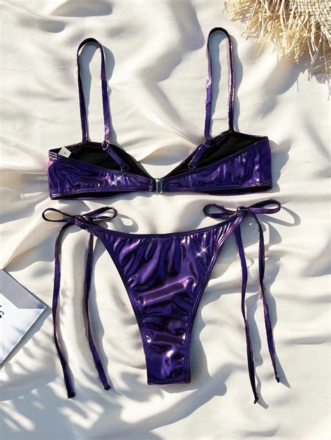 Shiny Purple Pu Leather Micro Micro Bikini Push Up Extreme Swimsuit For Women Beach Bathing