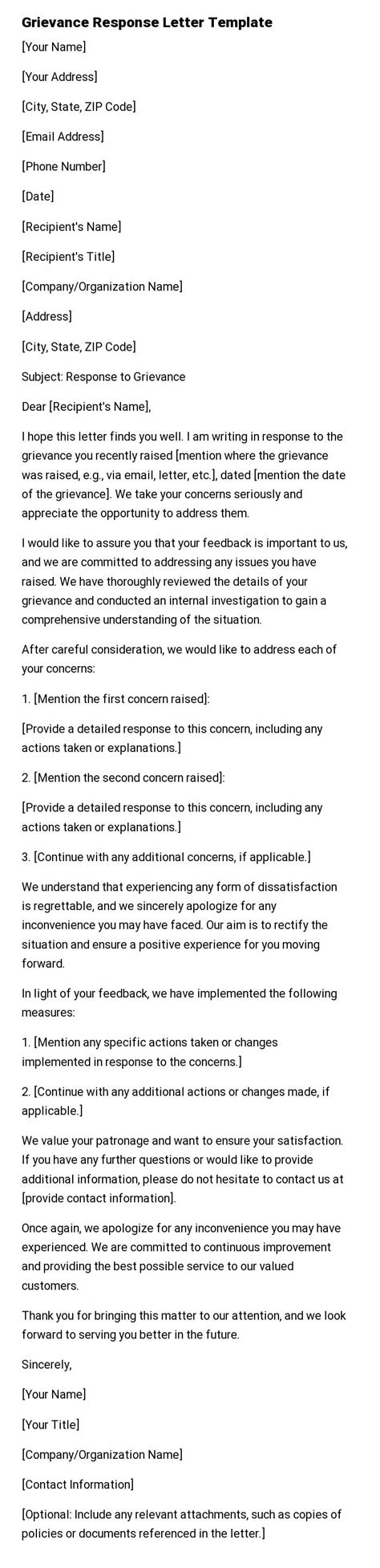 Grievance Response Letter Template