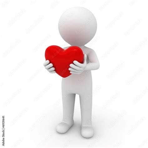 3d Man Standing And Holding Red Heart Over White Background Stock