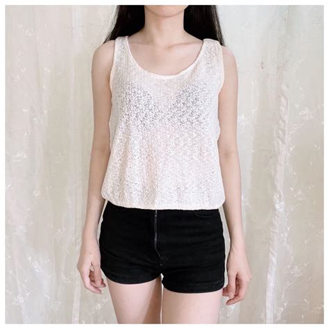 Beige Cream Beach Crop Top Sheer Lace Sleeveless Bikini Outer Seethrough Atasan Lengan Buntung