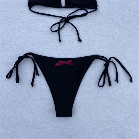 Coquette Dainty Burgundy Bow Bikini Set Black Depop