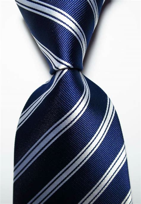 New Classic Striped Dark Blue White Jacquard Woven Silk Men S Tie