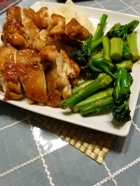 [homemade] Pan Fried Broccoli Stem In Oyster Sauce With Teriyaki Chicken Fun Easy Recipes