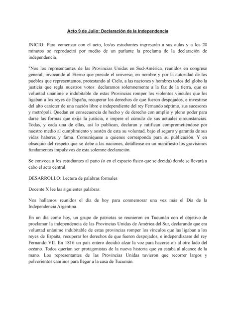 Acto De Julio Acto Conmemorativo Acto De Julio Declaraci N De