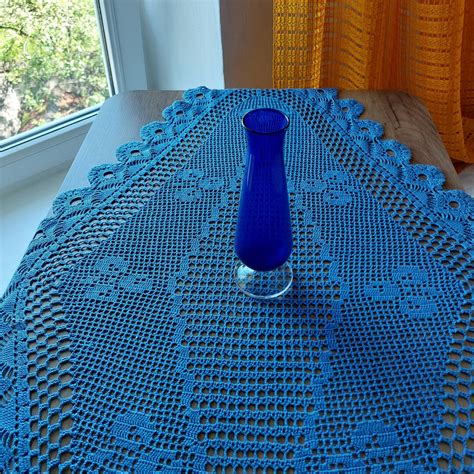 Vintage Handmade Crochet Table Topper Blue Table Runner Crocheted