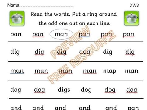 Read Write Inc Ditty Sheet 3 Odd One Out Worksheet Print Font Version