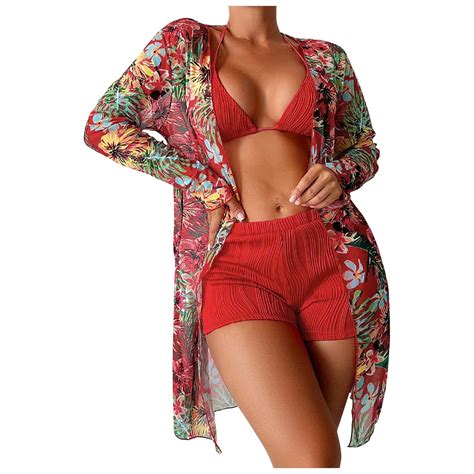 Wreesh Womens Piece Swimsuits Tropical Print Bikini Set With Kimono