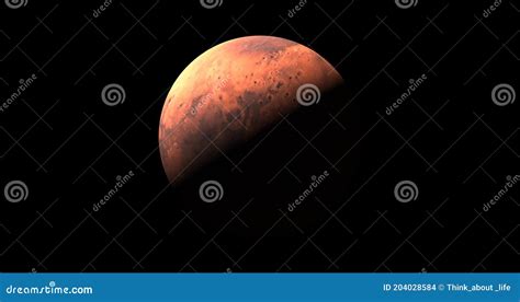 Planet Mars Sun Rise Isolate On Dark Front View Of Mars Planet From D