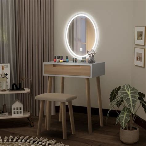 Coiffeuse Led Table De Maquillage Avec Tabouret Miroir Ovale 1 Tiroir