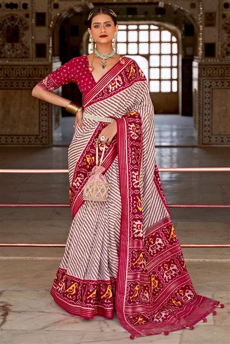 Fabulous White Dark Pink Soft Cotton Silk Patola Saree