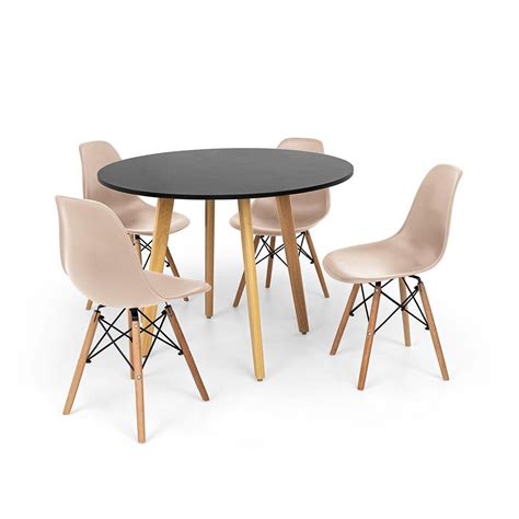 Conjunto Mesa De Jantar Laura 100cm Preta 4 Cadeiras Charles Eames Nude