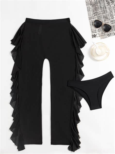 Plain Bikini Panty With Ruffle Trim Cover Up Pants