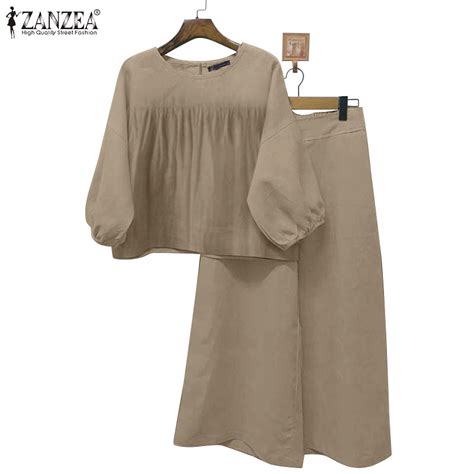 ZANZEA Women Vintage Fashion Shrunken Pleats Lantern Sleeves Round Neck