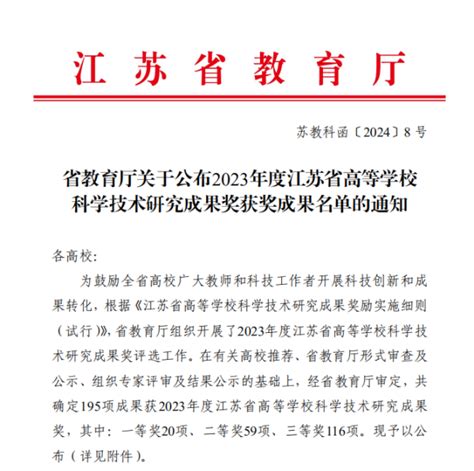 喜报！我校一项科研成果获江苏省高等学校科学技术研究成果奖