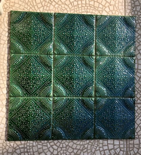 40 Pcs Art Nouveau Style Majolica Tiles Green Embossed Etsy