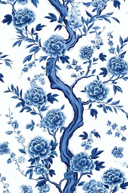 Premium Photo | A blue and white floral wallpaper with a tree branch ...