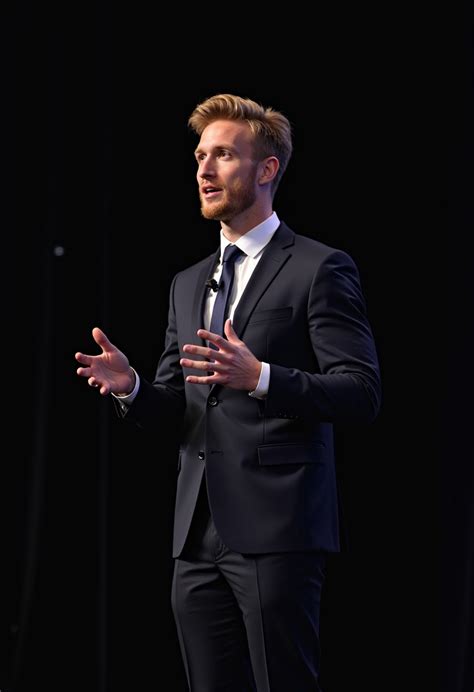 Blonde Man Gives Presentation On Stage Stable Diffusion Online