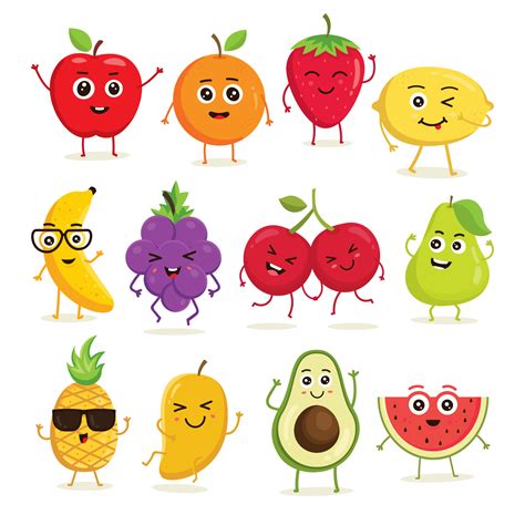 Vector collection of cute fruits. Funny fruit characters isolated on ...