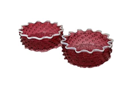 Set Of Hobbs Brockunier Dew Drop Hobnail Cranberry Red Crimped Bowls