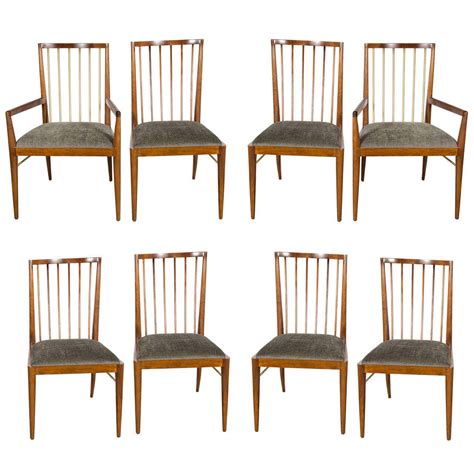 Sophisticated Set Of 8 Mid Century Style Dining Chairs In Walnut And Brass At 1stdibs