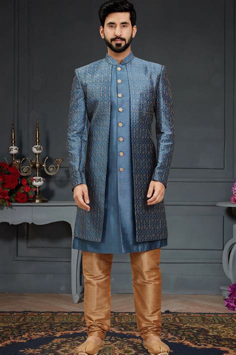 Embroidered Imported Silk Sherwani In Royal Blue 44 Ucchal Fashion