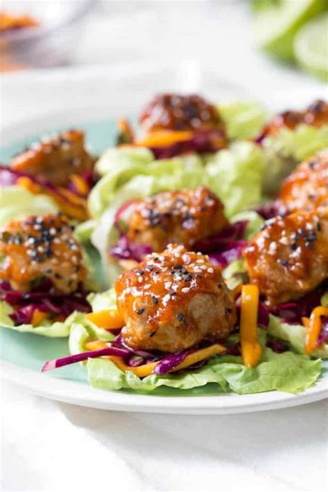 Asian Chicken Meatball Lettuce Wraps With Mango Slaw Asian Chicken