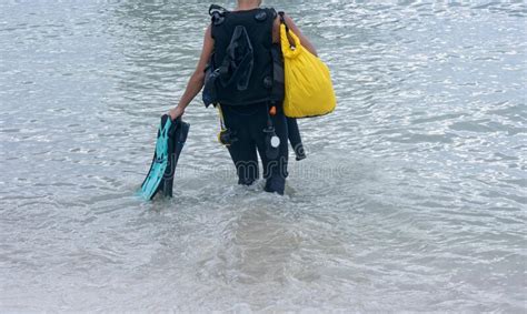 Sporty Woman in the Sea with Diving Equipment Stock Image - Image of ...