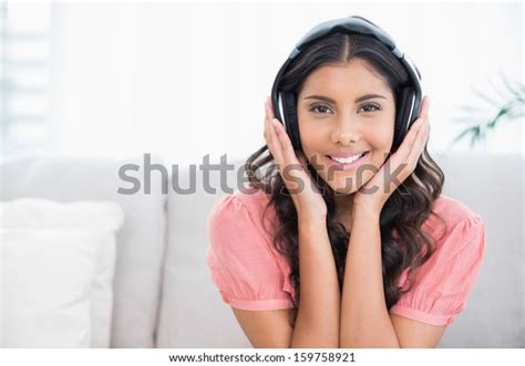 Happy Cute Brunette Sitting On Couch Stock Photo Shutterstock