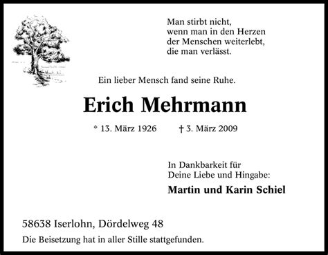 Traueranzeigen Von Erich Mehrmann Trauer In Nrw De