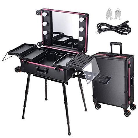 AW Rolling Makeup Case 27x18x9" with LED Light Mirror Adjustable Legs ...