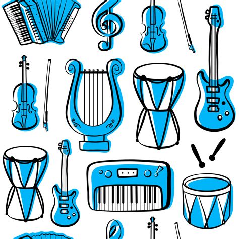 Outline musical instruments seamless pattern, vector isolated on white background silhouettes ...