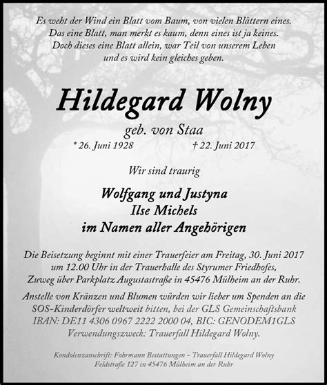 Traueranzeigen Von Hildegard Wolny Trauer In Nrw De