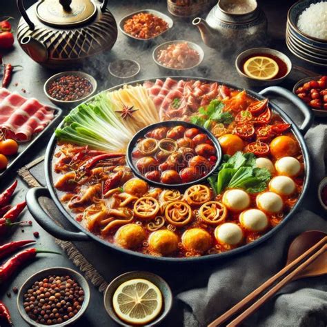 Chinese Double Flavor Hot Pot On A Table Showcasing Traditional Cuisine With Rich And Spicy