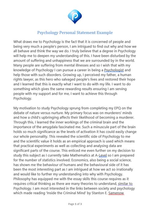 Psychology Degree Personal Statement Example