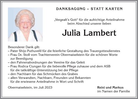 Traueranzeigen Von Julia Lambert Allg Uer Zeitung