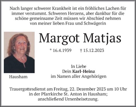 Traueranzeigen Von Margot Matjas Trauer Merkur De