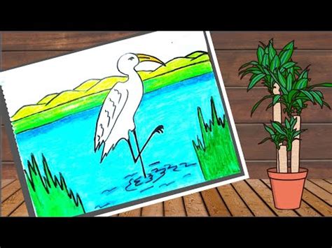 How To Draw An Easy Egret Heron Bird With Beautiful Scenery Step By