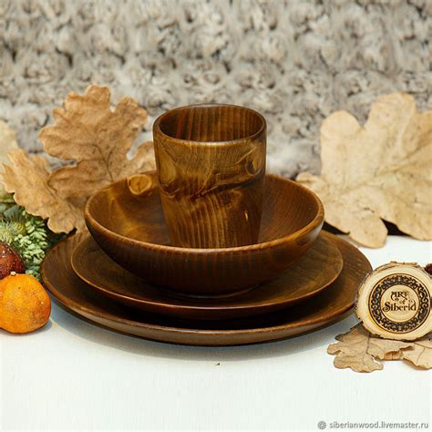 Обеденный деревянный набор из пихты (3 тарелки и стакан). TN33 в ...
