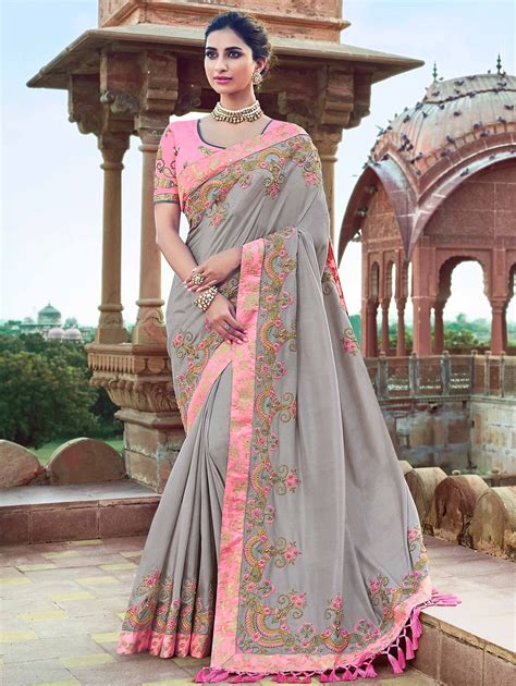 Grey Silk Traditional Saree With Contrast Embroidered Border And