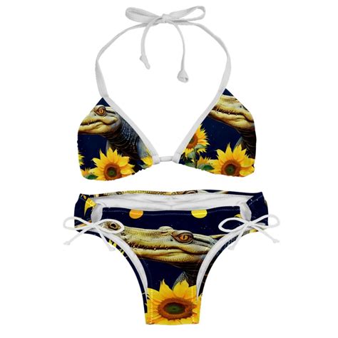 Crocodile Starry Sky Sunflower Swim Wear Bikini Set With Detachable