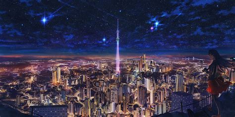 Night Sky Urban Sky Anime Starry Night Windy Standing Pixiv