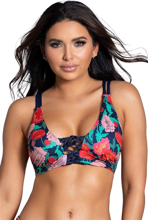 Amazon Yandy Red Pink Floral Print Swimsuit Bikini Top With Lace Up Neck Panel Double