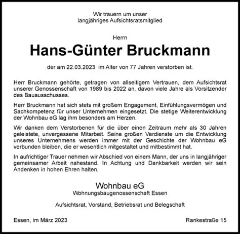 Traueranzeigen Von Hans G Nter Bruckmann Trauer In Nrw De