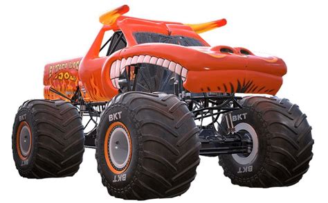 an orange monster truck with big tires on it's back wheels and large teeth