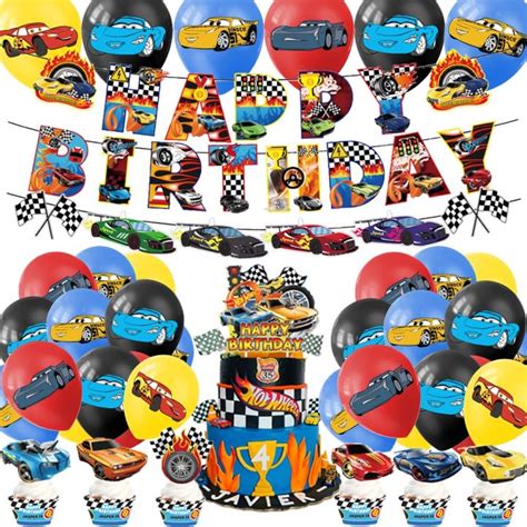 Monster Truck Hot Wheels Happy Birthday Banner Racing Boy Balloons Party Decorations Cake Topper