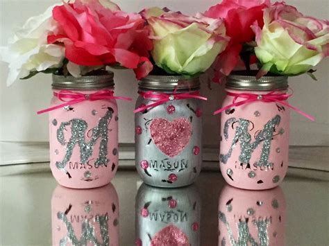 Deorated Mason Jars Pink Mason Jars Glitter Mason Jarsmason Etsy