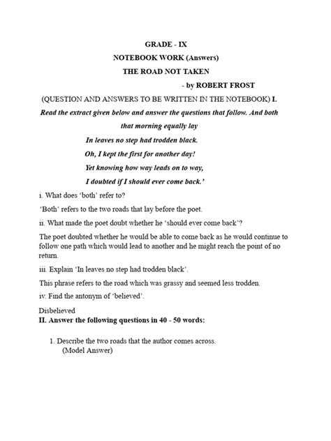 The Road Not Taken Answer Key