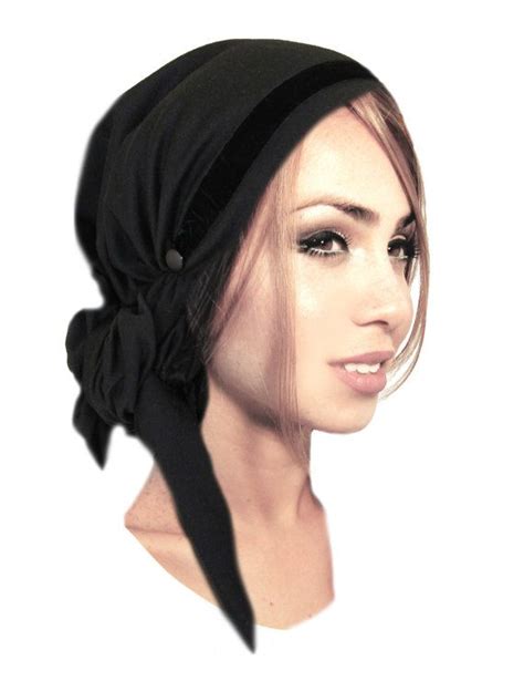 Black Tichel Head Scarf Velvet Trim Head Cover For Women Wrap Chemo Hat