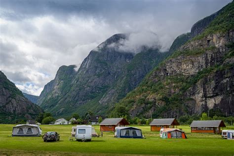 Camping At Norwegian Fjord With Mountains Background Eidfjord Stock ...