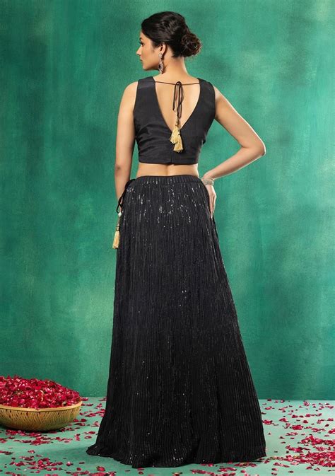 Buy Women Black Tonal Sequin Embroidered Lehenga Set With White